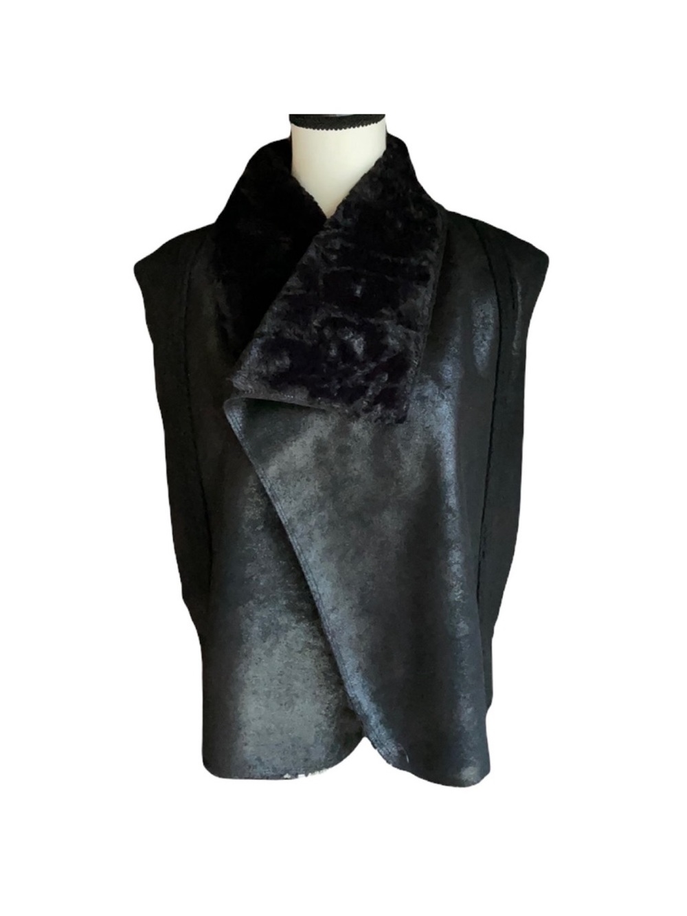 Ella Moss Black Faux-Finish Draped Vest with Plush Collar